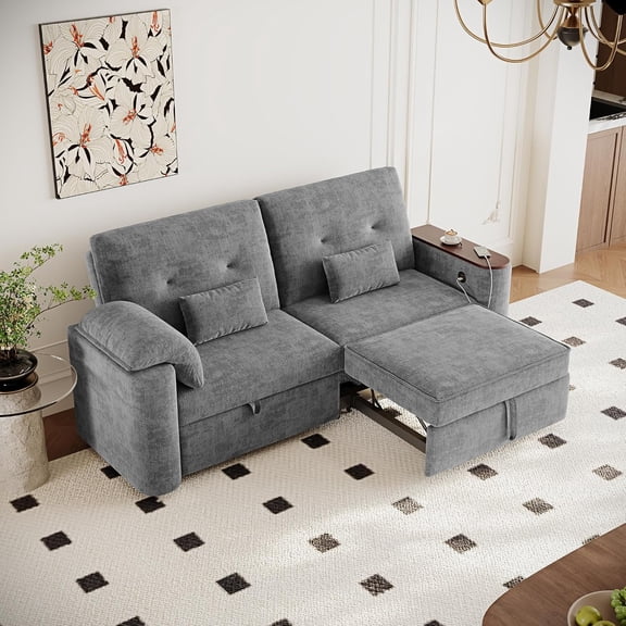 82" Sleeper Sofa Bed Queen Size, Chenille Pull Out Couches for RVs, Gray | Loveseat Recliner with Adjustable Backrest, USB, Tufted, 2 Pillows, Storage Armrest with Table, for Living Room, Small Space