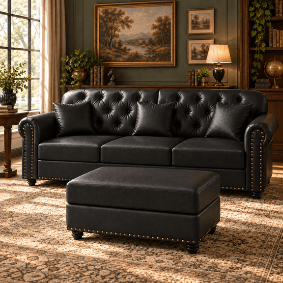 82'' Small Leather Sectional Couches for Living Room, L Shape Sofa with Chaise Lounge Ottoman & Pillow, 3 Seater Small Couch for Small Spaces, Apartment Furniture, Black Living Room Furniture Set