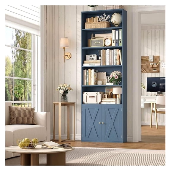 82" Tall Bookcase and Book Shelf, 24" Wide Bookshelf with Doors, 7 Tier Bookcase with Storage and Adjustable Shelf, Open and Display Farmhouse Bookshelf for Living Room, Home Office, Blue