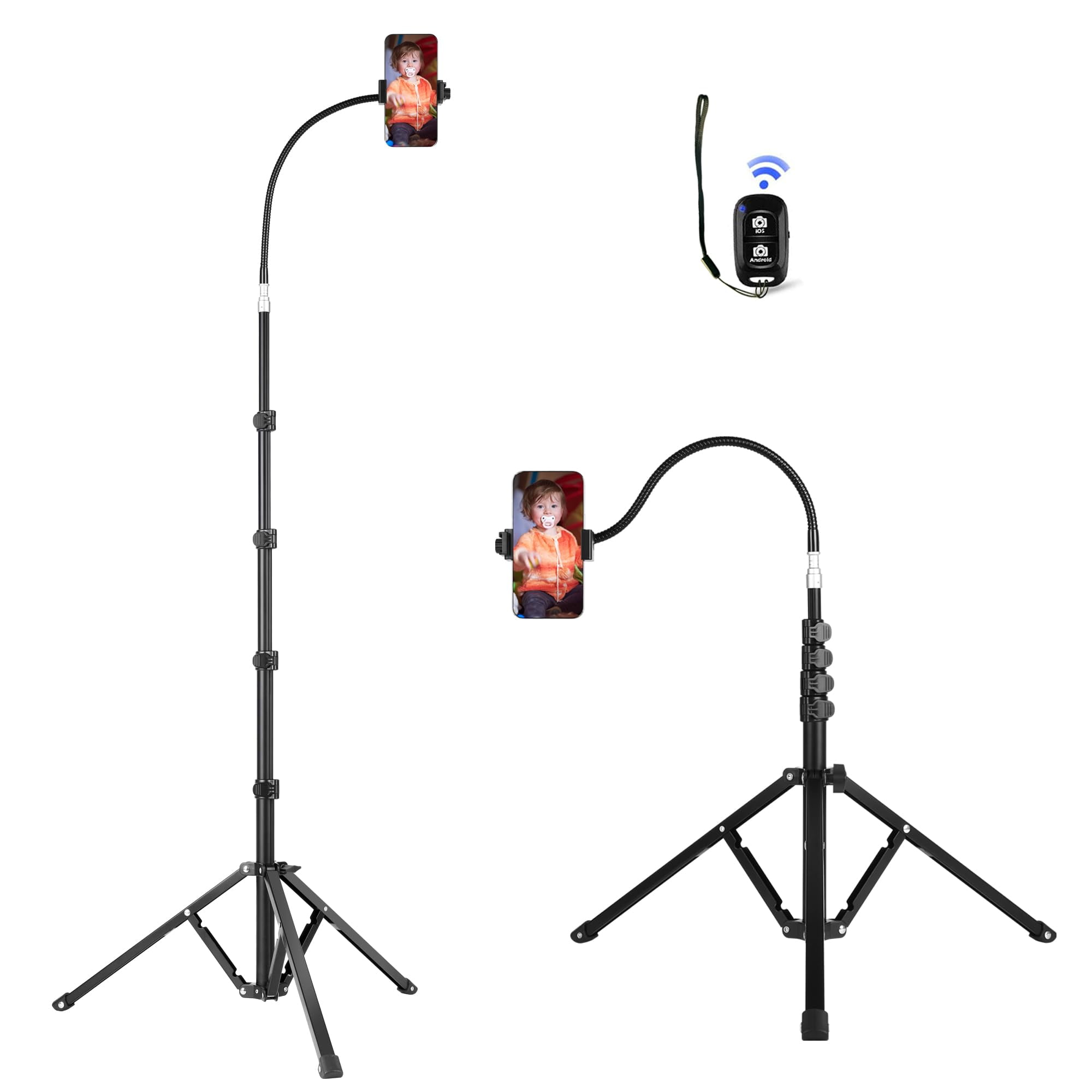 82" Tall Flexible Phone Tripod with 17" Gooseneck, Overhead Cellphone