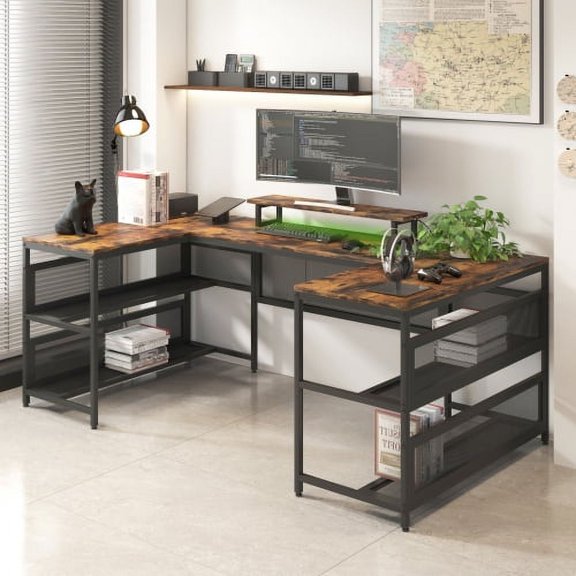 82" U Shaped Computer Desk with Power Outlets, LED Light Strip, Monitor Stand and Storage Shelves, Reversible Home Office Writing Desk Workstation for Study, Gaming and Office, Brown