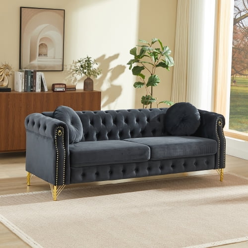 82" Velvet Oversized Sofa Couch, Sofas For Living Room with Tufted Button, Oversized Modular Sofa with Metal Legs for Indoor Home Space, Black