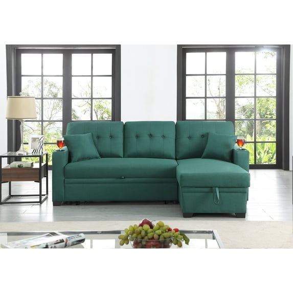 82"Width L-Shape Convertible Sleeper Sectional Sofa with Storage Chaise and Pull-Out Bed, Linen Upholstered Reversible 3 Person Couch with Cupholder Armrest for Living Room and Bedroom,Green