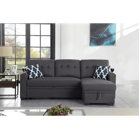 82" Width Sectional with Storage Chaise,Sleeper Sofa Couch with Pullout Bed,Tufted Sectional Sofa Bed with Cupholder Armrest for Living Rooms, College Dorms, Home Offices,Dark Gray