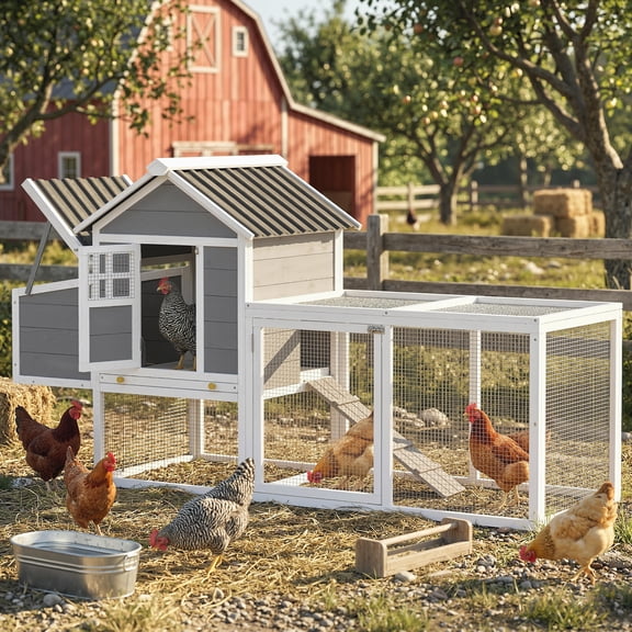 82" Wooden Chicken Coop, Large Outdoor Hen House for 2-3 Hens, with Nesting Box, Pull-Out Tray