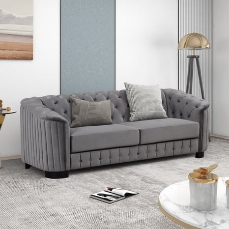 82 inch Loveseat Sofa, 3-Seater Velvet Couch with Button Tufted Back, Soft Tufted Seat with Thick Removable Seat Cushion, Mid Century Sofa with Rubber Wood Legs for Small Space