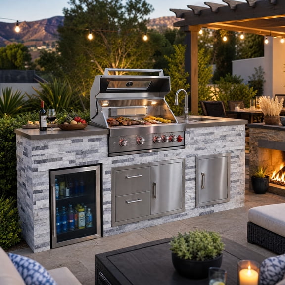 82 inch Stacked-Stone Outdoor Kitchen Island with Built-In Gas Grill, Outdoor Refrigerator & Sink, 40 mm Marble Countertop, Welded Aluminum Frame & 63,700 BTU 5-Burner Mobile Patio BBQ Station