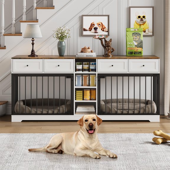 82 inches Dog Crate Furniture for 2 Dogs, Double Dog Crate with 4 Drawers and Storage Shelves, Wooden Heavy Duty Dog Kennel Furniture TV Stand for Large Medium Dogs