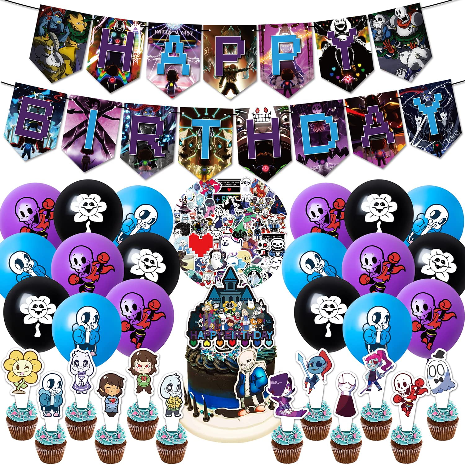 82 pcs Undertale birthday party supplies, including cake caps, cupcake ...