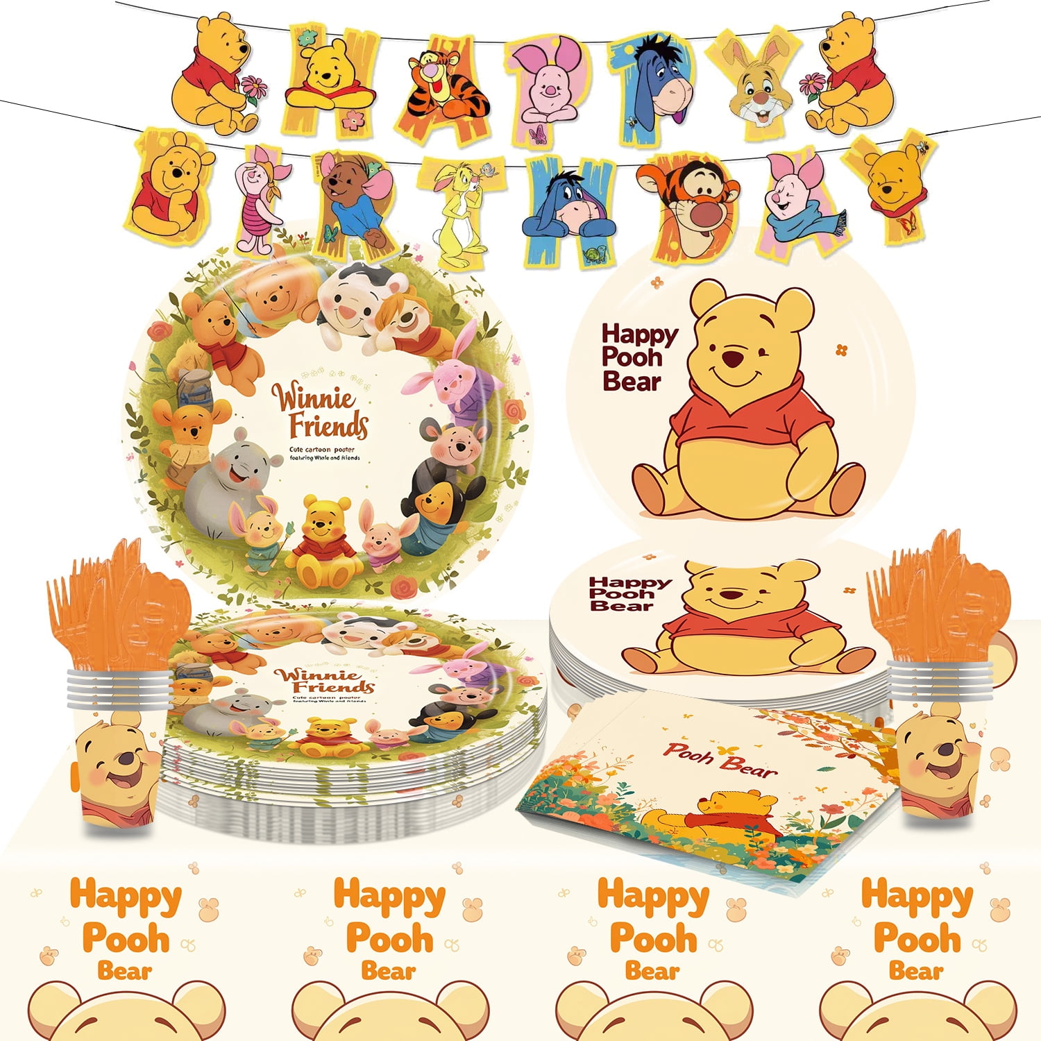 82-piece Winnie the Pooh Baby Party Decor and Birthday Party Supplies Tableware Set includes baby party plates, napkins, cups, banners, tablecloths, and cutlery, perfect for themed party decorations