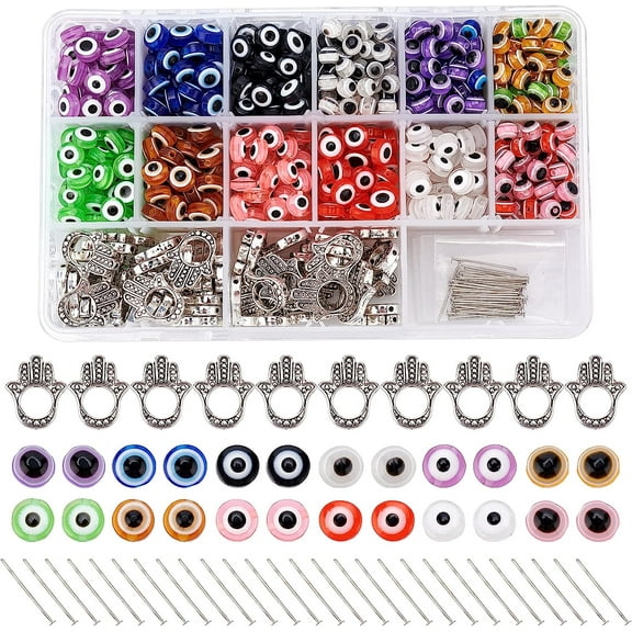 820 Pcs Evil Eye Beads Set 400 Pcs Flat Evil Eye Beads 320 Pcs Round Evil Eye Beads 50 Pcs Hamsa Hand Evil Eye Charms and 50 Pcs Brass Flat Head Pins for DIY Jewelry Making Kit