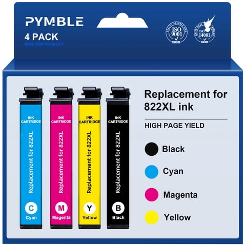 PYMBLE 822XL Ink Cartridges compatible for Epson 822 Ink Cartridges for Workforce Pro WF-3820 WF-4820 WF-4833 WF-4834 WF-4830(4-Pack, Black Cyan Magenta Yellow)