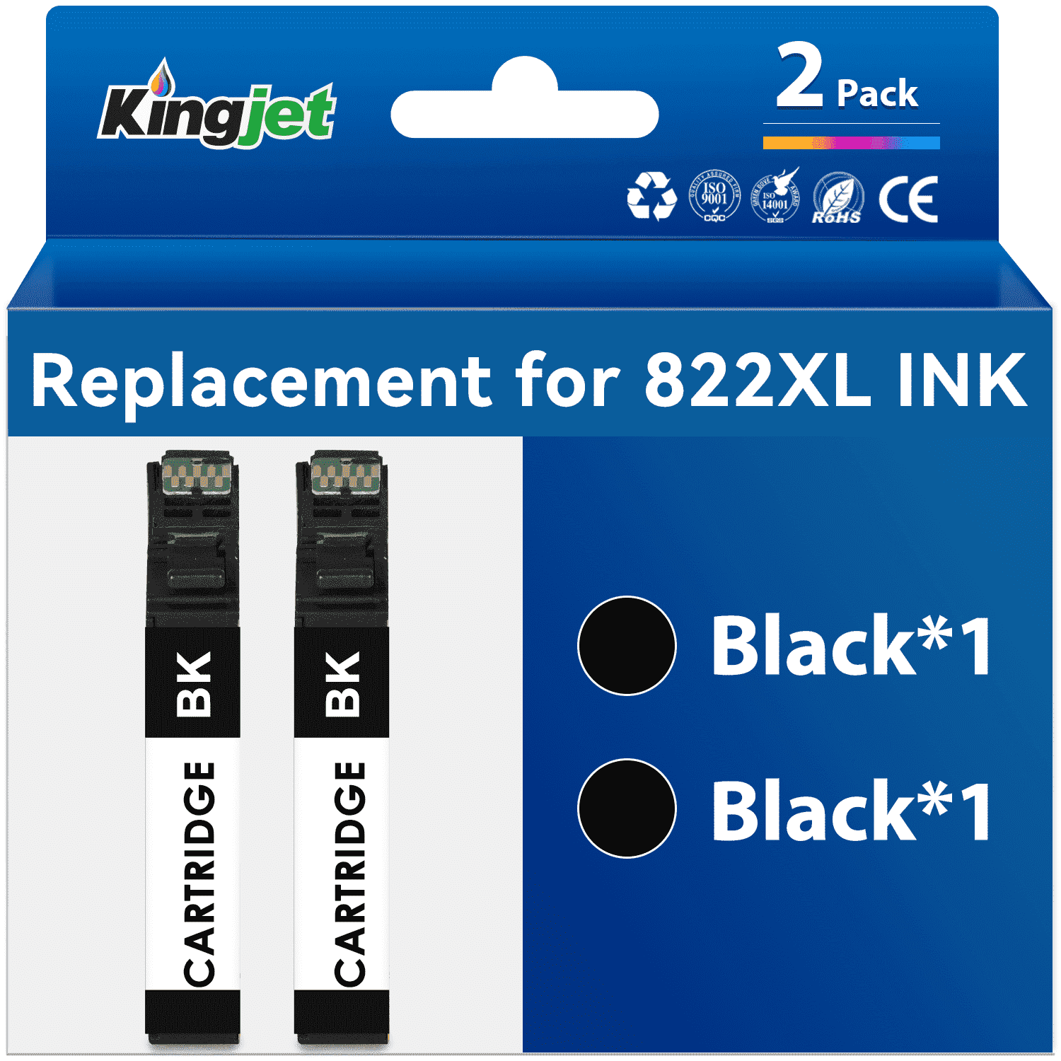 Kingjet 822 Ink Compatible with Epson 822 Black Ink for Epson Pro WF-3820 WF-4820 WF-4830 WF-4833 WF-4834 WF-3823 Printer (2-Black)