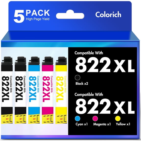 822XL Ink Cartridges Compatible for Epson 822 Ink Cartridges Epson Workforce Pro WF-3820 WF-4820 WF-4830 WF-4833 Printers (5-Pack, Black Cyan Magenta Yellow)