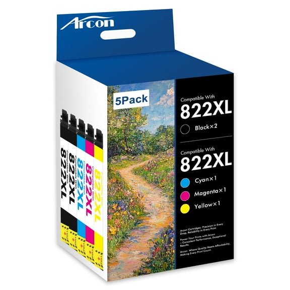 822XL Ink Cartridges 5 Pack Compatible for Epson 822XL 822 Printer Ink T822 T822XL Combo Pack WorkForce WF-3820 WF-4820 WF-4830 WF-4833 WF-4834 WF-3823 (2 x Black, Cyan, Magenta, Yellow)