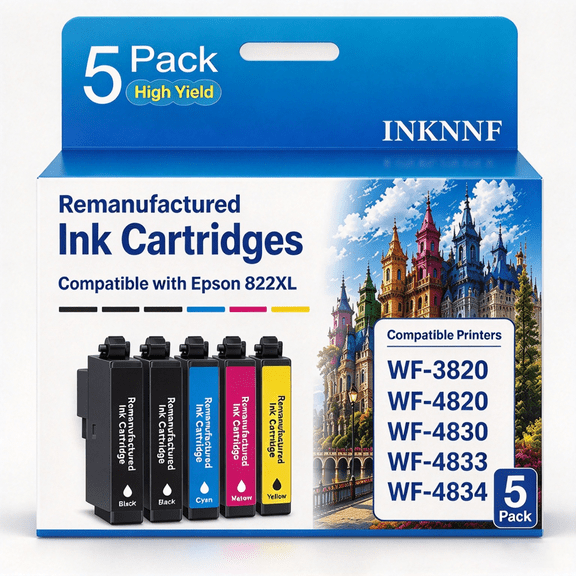 INKNNF 822 XL Compatible with Epson 822XL Ink Cartridges Combo Pack, 822 XL Printer Ink for WorkForce Pro WF-3820 WF-3823 WF-4820 WF-4830 WF-4833 WF-4834, 1100 Pages, 5-Pack