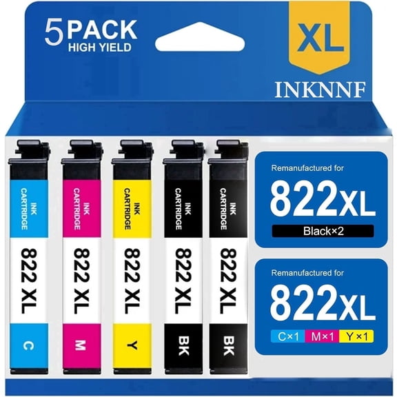 INKNNF 822 XL Compatible with Epson 822XL Ink Cartridges Combo Pack, 822 XL Printer Ink for WorkForce Pro WF-3820 WF-3823 WF-4820 WF-4830 WF-4833 WF-4834, 1100 Pages, 5-Pack
