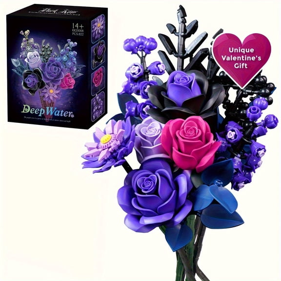 822pcs Purple Roses Bouquet Building Set, Artificial Flowers Botanical Collection Blocks Kit forAdults Women Teengiris - Gift for Mother's Day & Valentines - Gothic Home Decor
