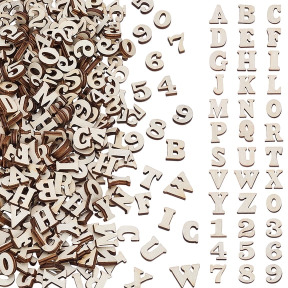 824Pcs 0.6 Inch Mini Unfinished Wood Alphabet Letters Wooden Numbers 5/32inch Thickness Wood Letter A~Z Number 0~9 Set Bulk