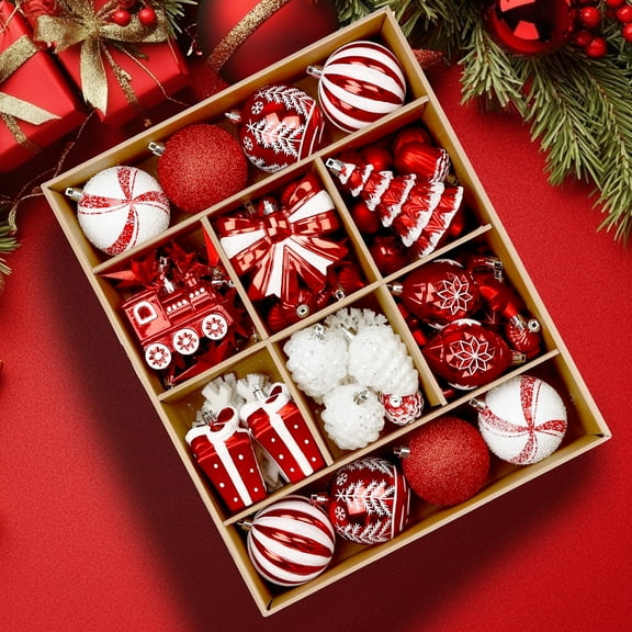 82CT Christmas Balls Ornaments, Delightful Classic Tree Topper for Xmas Tree Holiday Wedding Party Decorations with Hanging Strings, Red and White