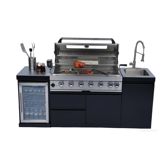82Inch 6-Burner 85000 BTU Deluxe Stainless Steel Gas Outdoor Kitchen Bar Barbecue Island Grill + Wine Cooler Compact Refrigerator + Rotisserie + Stainless Steel Countert + Storage Cabinets & Drawers