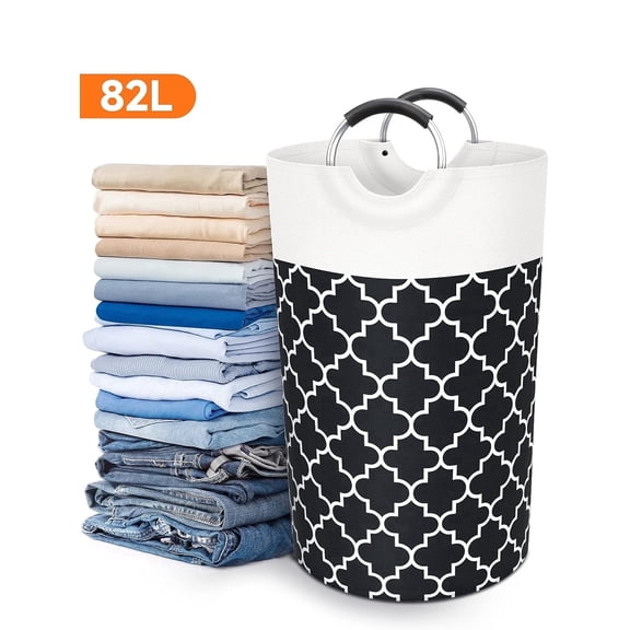 82L Large Round Collapsible Laundry Hamper, Waterproof Fabric Laundry Basket with Aluminum Soft Grip Handles, Portable Tall Dirty Clothes Storage Bin for Bathroom Bedroom Dorm Family Travel Black