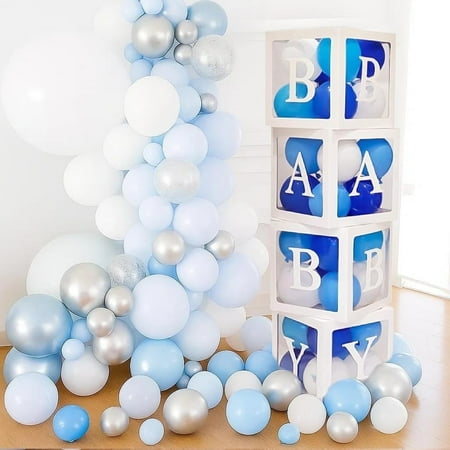 Baby Shower Decorations For Boy Kit - Jumbo Transparent Baby Block Balloon Box, 82PCS