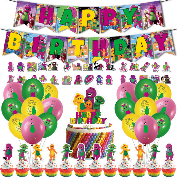 82PCS For Barney and Friends Birthday Party Decorations,18 Balloons,50 Stickers,With 1 Happy Birthday Banner Garland,13 Cupcake Toppers for Decorative Supplies Set
