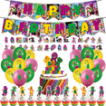 thumbnail image 1 of 82PCS For Barney and Friends Theme Birthday Party Decorations,Party Supply Set for Kids with 1 Happy Birthday Banner Garland,50 Stickers,18 Balloons,13 Cupcake Toppers, 1 of 4