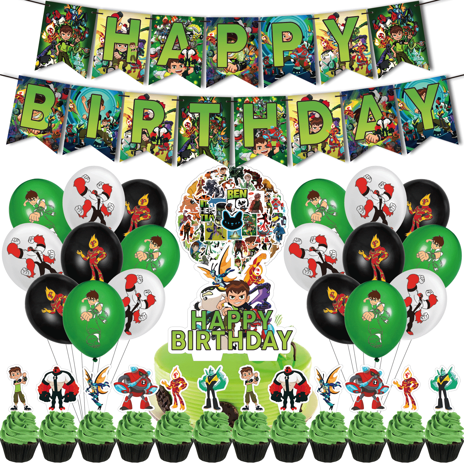 82PCS For Ben 10 Theme Birthday Party Decorations,Party Supply Set for Kids  with 1 Happy Birthday Banner Garland,50 Stickers,18 Balloons,13 Cupcake  Toppers - Walmart.com, image size:1600x1600