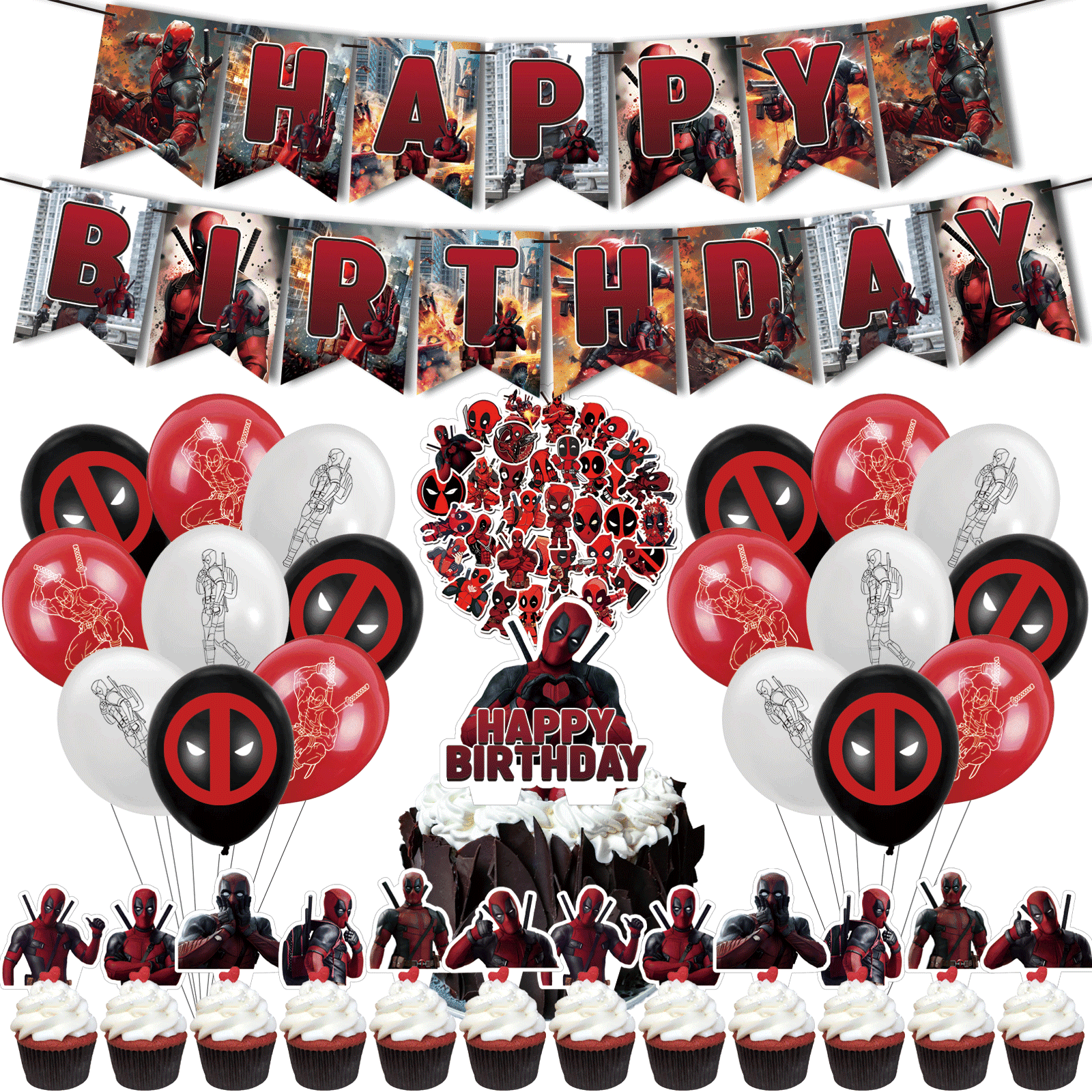 82PCS For Deadpool Theme Birthday Party Decorations Set with Banner,12 Cupcake Toppers,18 Balloons,50 Stickers,All-in-One Children's Celebration Kit Supplies
