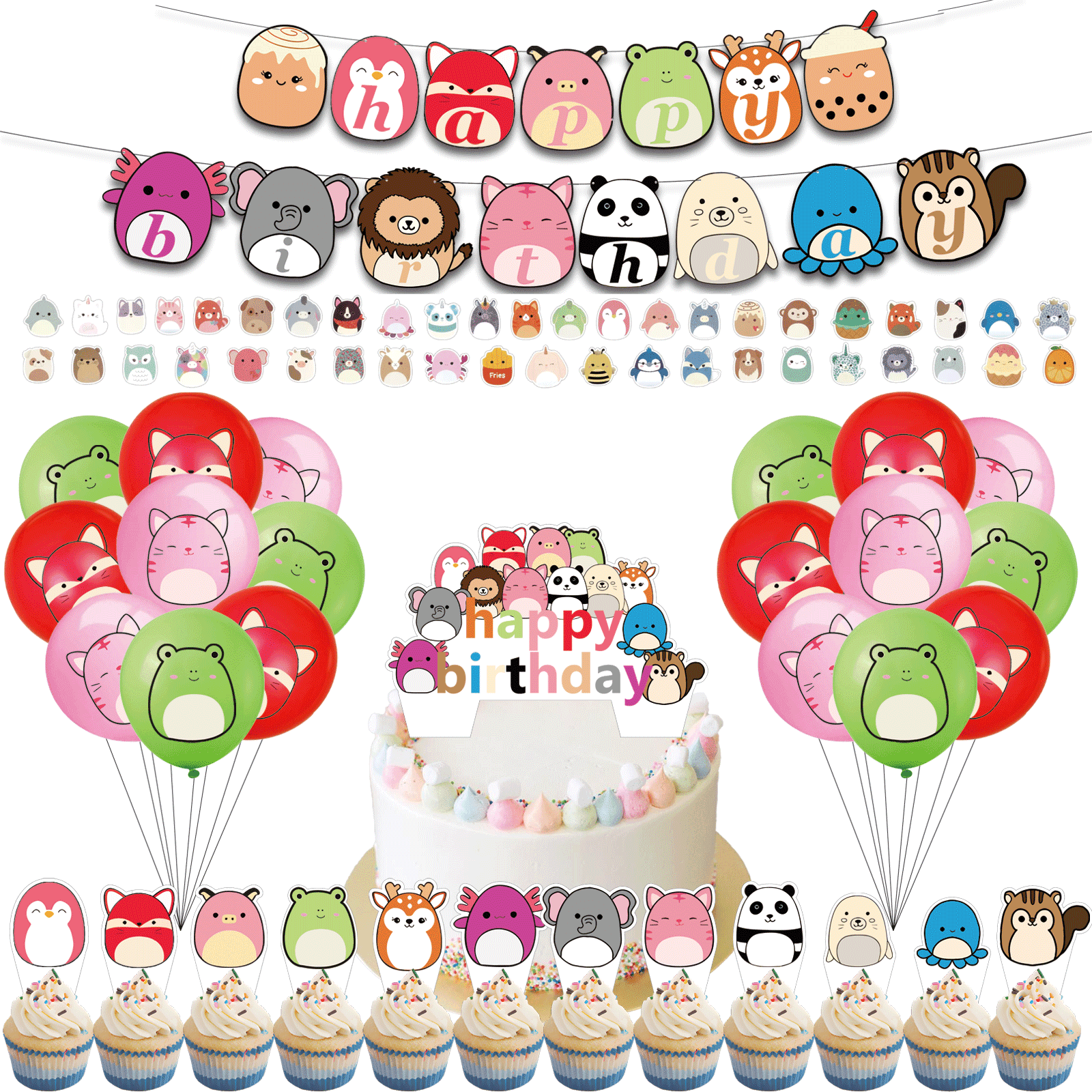 82PCS For Squishmallows Theme Birthday Party Decorations Set with Banner,12 Cupcake Toppers,18 Balloons,50 Stickers,All-in-One Children's Celebration Kit Supplies