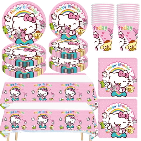 82PCS Kitty Tableware Sets, Kitty Birthday Party Paper Plates and Napkins Set Includes 40 PCS Plates, 20 PCS Napkins, 20 PCS Paper Cups, 2 Tablecloth for Birthday Party Supplies