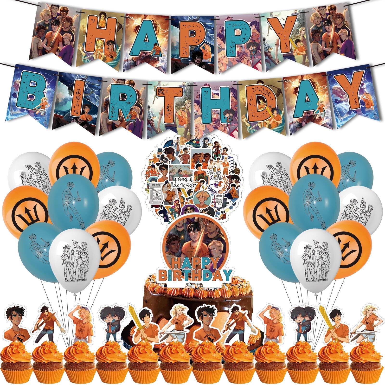 82PCS For Percy Jackson Theme Birthday Party Decorations,Party Supply Set for Kids with 1 Happy Birthday Banner Garland,50 Stickers,18 Balloons,13 Cupcake Toppers