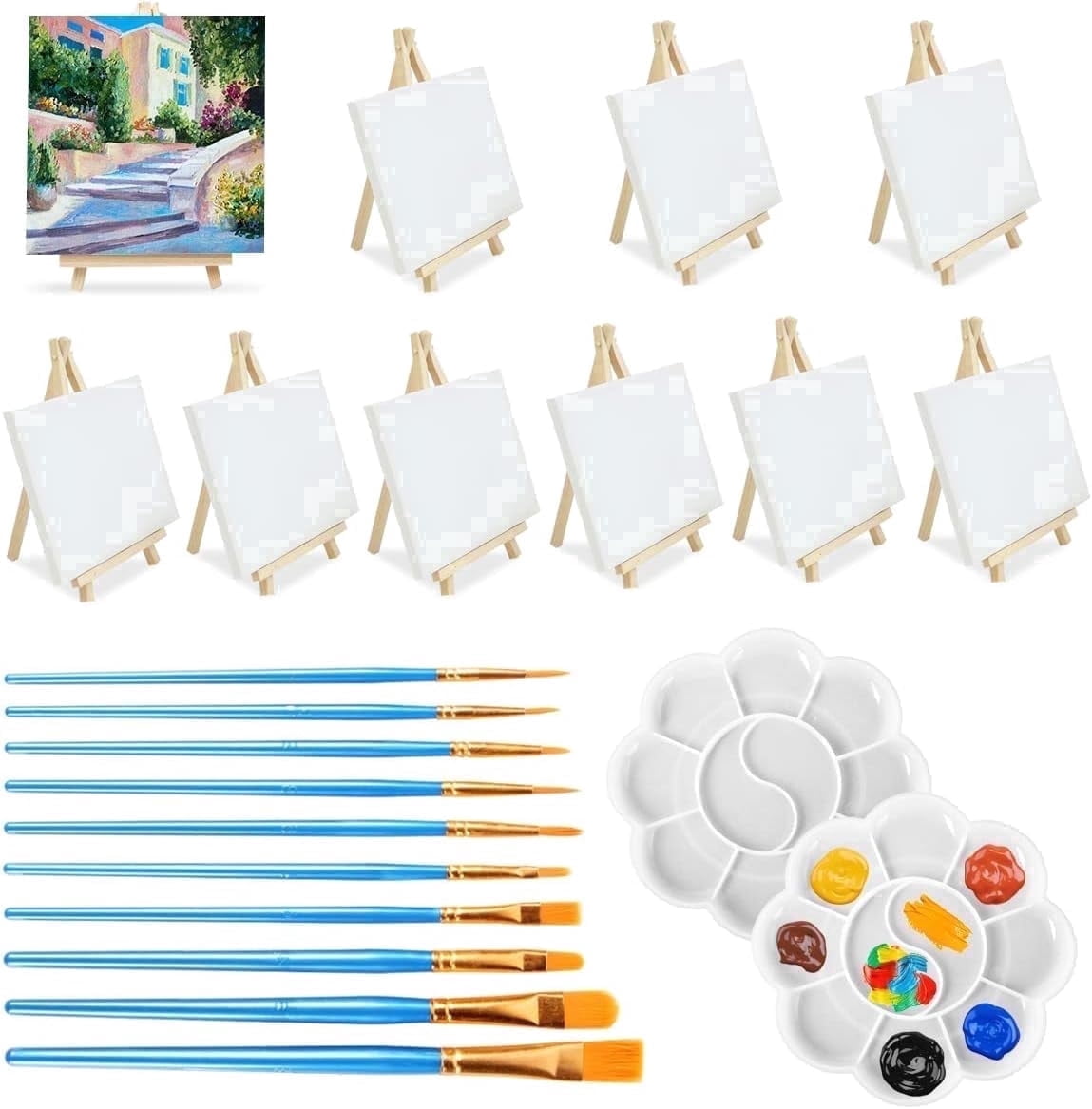 82Pcs Mini Canvas and Easel Set, 4x4 Adjustable Painting Set, 20 Wooden Easels with 20 Canvas, 14 Paintbrushes, 4 Palettes and Drawing Stand Kit for Party Drawing
