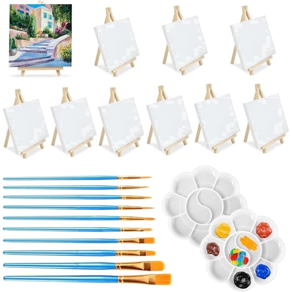 82Pcs Mini Canvas and Easel Set, 4x4 Adjustable Painting Set, 20 Wooden Easels with 20 Canvas, 14 Paintbrushes, 4 Palettes and Drawing Stand Kit for Party Drawing