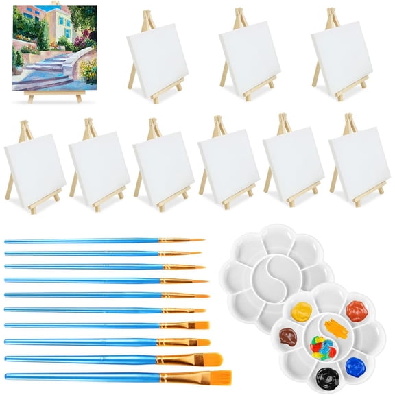 82Pcs Mini Canvas and Easel Set, 4x4 Adjustable Painting Set, 20 Wooden Easels with 20 Canvas, 14 Paintbrushes, 4 Palettes and Drawing Stand Kit for Party Drawing