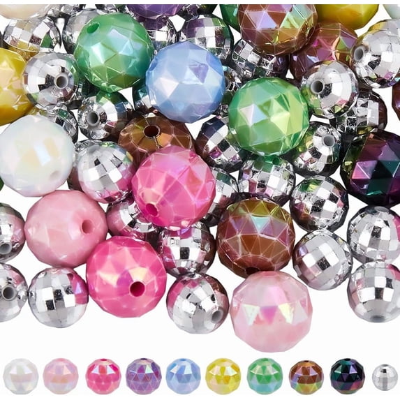 82Pcs Mirror Ball Bead Acrylic Pen Beads Bulk Colorful Faceted Round Sparkly Disco Reflective Mirrorballs Small Loose Spacer Pens Beadable Bead for Jewelry Making DIY Crafts Accessories Multi-color