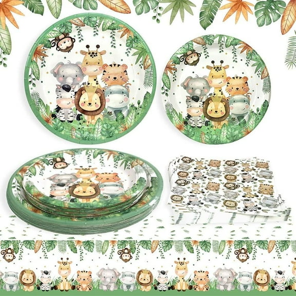 82Pcs Safari Jungle Baby Shower Party Supplies Green Wild Animals Paper Plates Napkins Baby Shower Party Decorations Safari Jungle Dinnerware Party Favor Wild One Tableware Serves 20