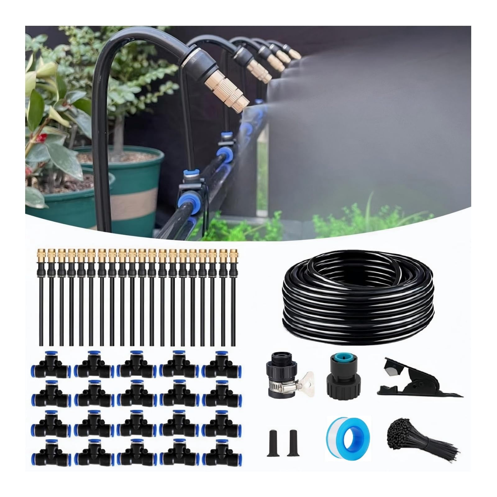 82ft Drip Irrigation Kit  Automatic Garden Watering System With Tool-free Quick Connectors 360° Bending Droppers & Copper Misting Nozzles For Greenhouse Patio Lawn Vegetable Garden. (25m)