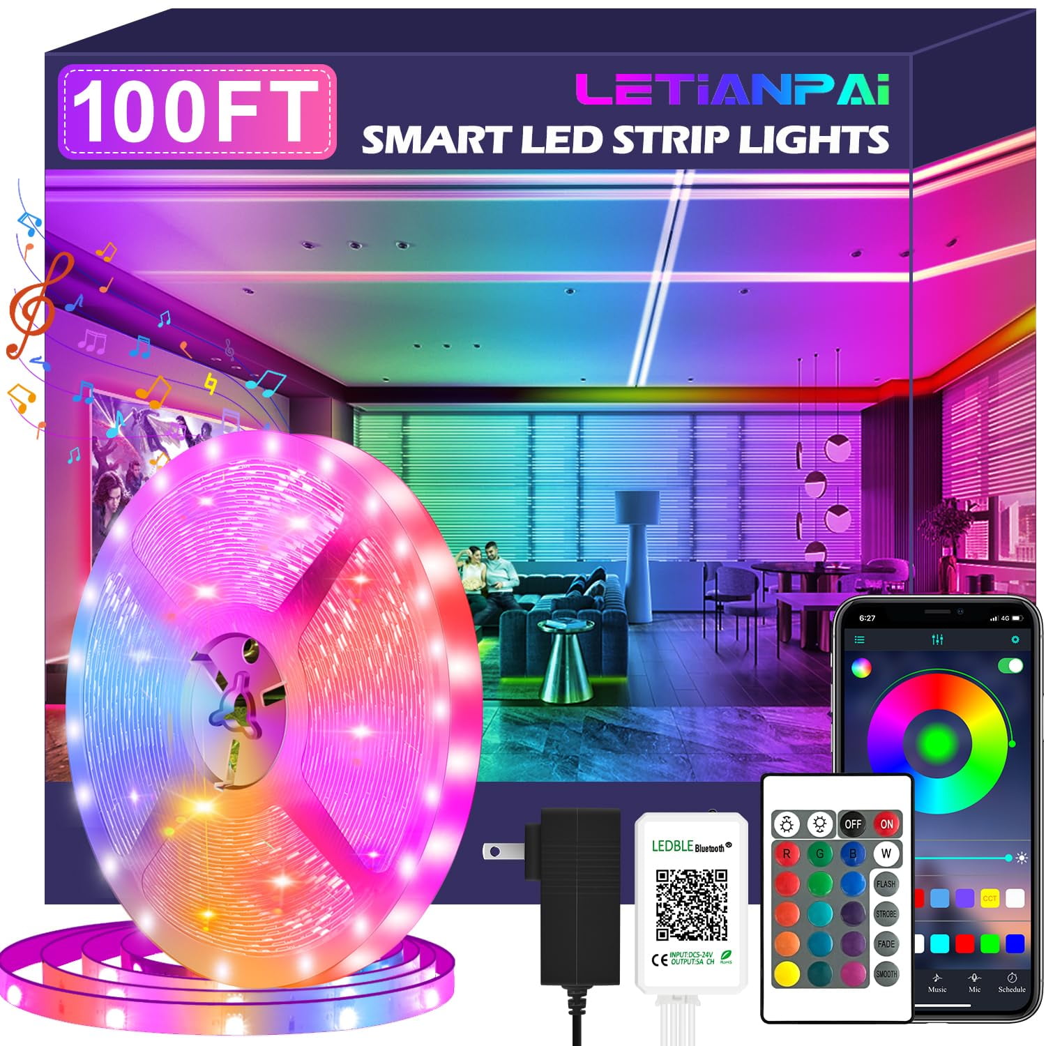 82ft Smart LED Light Strips Music Sync, RGB Color Changing Rope