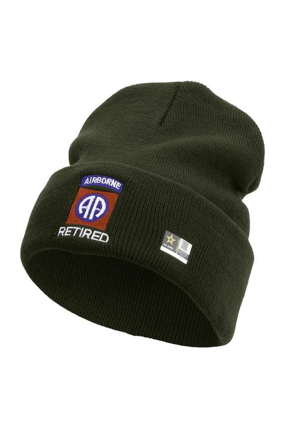 82nd Airborne Retired Embroidered 12 Inch Long Knitted Beanie - Olive OSFM
