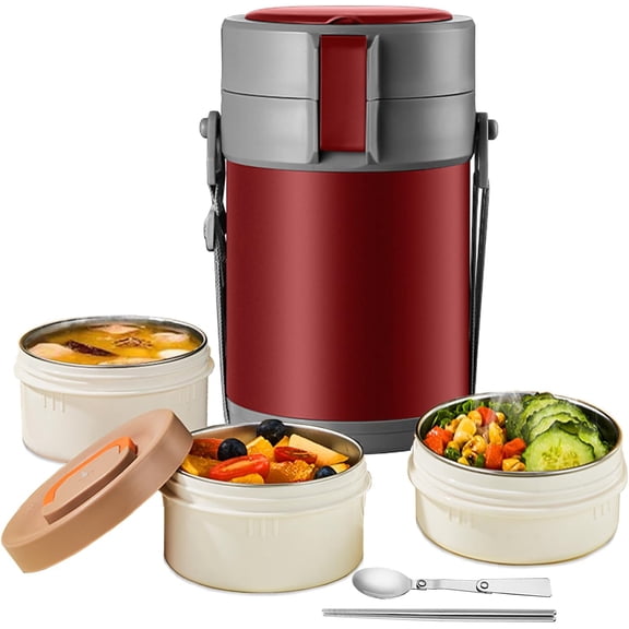 82oz Thermo Container For Hot Food, 3 Tier Wide Mouth Insulated Stackable Food Container, lunch box for Work Office Outdoors Picnic (RED)