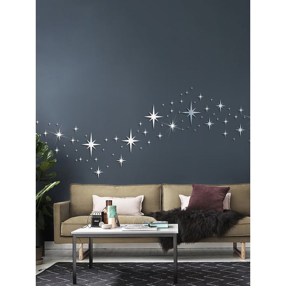 82pcs Reflective Acrylic Star Design Decorative Lines Shaped Stickers Self Designed 3D Art Decals For Living Room Wall Wall Room Wall Mirror For Room Home Bathroom Decor Living