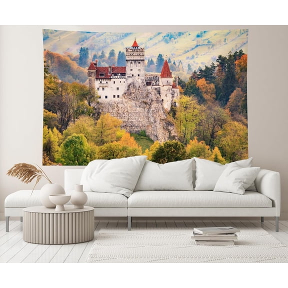 82x59 Inches Medieval Castle Bran Exterior Gothic Tapestry Wall Hanging Europe Romania Autumn Scenery Background for Living Room Bedroom Aesthetic College Dorm Wall Decor