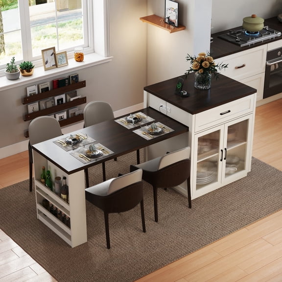 83.1'' Extendable Kitchen Island with Slide Out Table and Storage Racks for 2-6 Person,Kitchen Island with Tempered Glass Doors,Walnut Woodgrain Dining Table,Power Outlet,Bar,Prep Station(Cream White