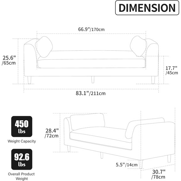 83.1 Inch Long Ottoman for Bedroom, Oversized Chenille Upholstered Chaise Lounge Sofa with Arms and Pillows, Modern End of Bed Lounger Daybed Couch (Beige)