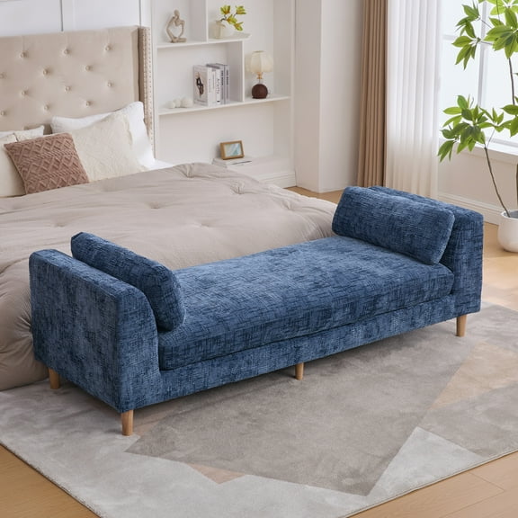 83.1"Wide Modern Upholstered End of Bed Bench with Armrests, Chenille Chaise Lounge Couch with 2 Bolster Pillows, Daybed with Rubberwood Legs For Living Room,Bedroom,Apartment,Guestroom, Blue