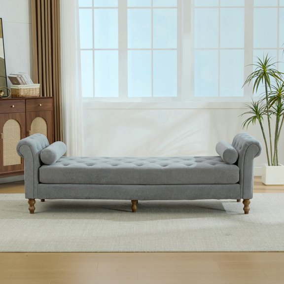 83.1" Wide Modern Upholstered End of Bed Bench with Armrests, Chenille Chaise Lounge Couch with 2 Bolster Pillows, Daybed with Rubberwood Legs for Living Room Bedroom Apartment, Gray