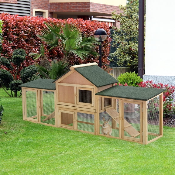 83" 2-Story Deluxe XL Wooden Rabbit Hutch, Big Bunny Cage with Ladder and Run, Natural